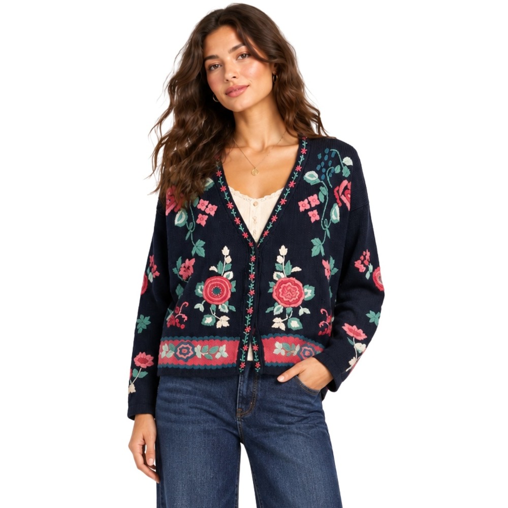 Vintage Cottagecore Floral Embroidered Cardigan Sweater BEST American Blue Large